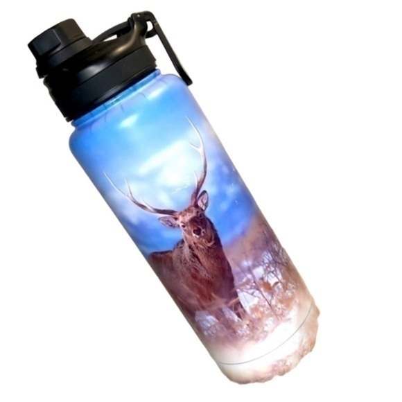 WATER BOTTLE | XL Stainless Steel Buck Deer Field Hunting Scene - Picture 1 of 10